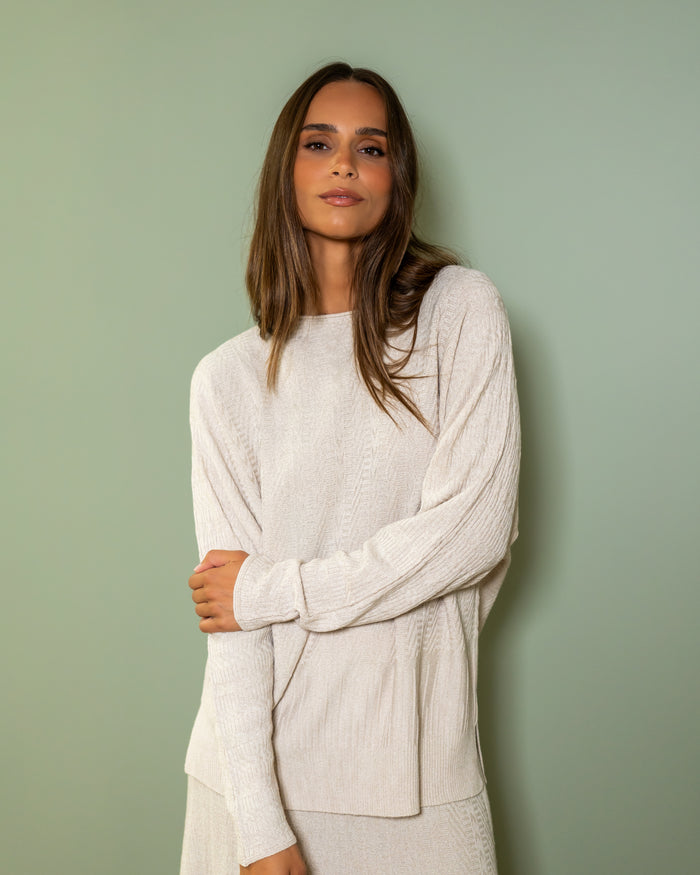 Pull Bianca beige, côtes resserrées aux poignets et à l'ourlet